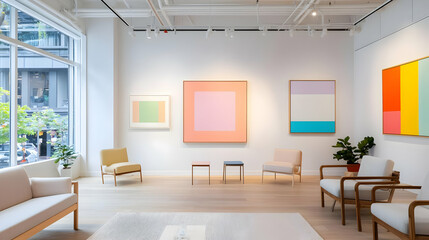 Modern Art Gallery Interior With Colorful Paintings And Minimalist Furniture