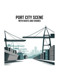 Port cityscape illustration with cargo ships and cranes