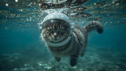 Playful Tabby Cat Swimming Underwater with Helmet in Clear Blue Ocean