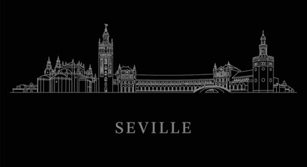 Fototapeta premium Seville Skyline with Spain Line Art, and Black Background.