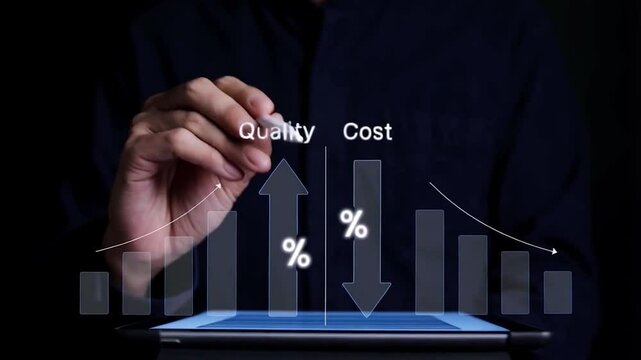 Businessperson Analyzing Quality vs Cost Chart on Tablet &ndash; ROI, Business Efficiency, and Value Management Strategy Concept