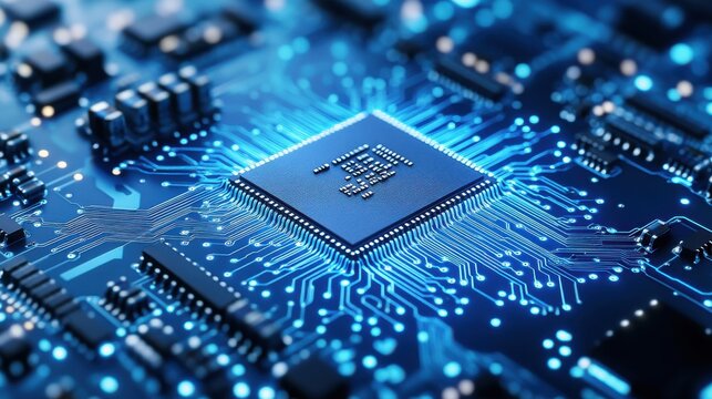 Close-up of a glowing blue microchip on a circuit board