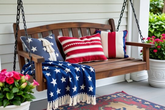 Cozy porch swing adorned with patriotic pillows and floral arrangements.