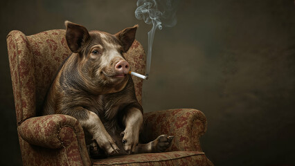 Pig Relaxing on Armchair Holding Cigarette in Smoky Rustic Setting