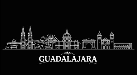Fototapeta premium Guadalajara Skyline Outline with Mexico, and Landmarks.