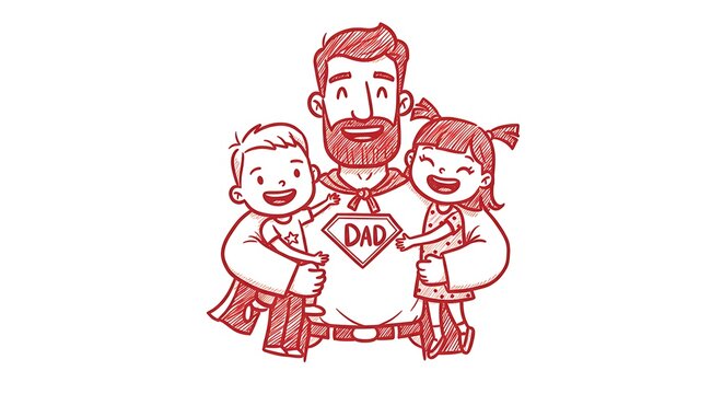 Father’s Day themed vector with a fun doodle of a proud dad holding his two kids, laid out in a horizontal banner.