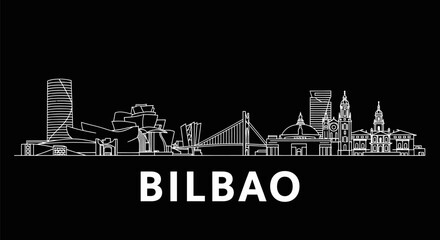 Bilbao Spain Skyline White on Black Vector.