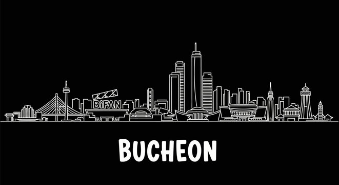 Bucheon Skyline with South Korea Line Art.