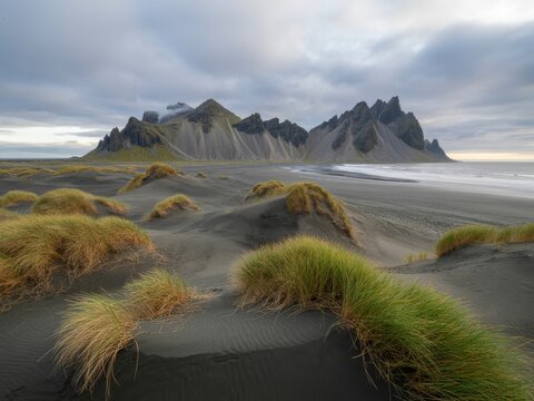 Icelandic black sand beach dramatic mountain landscape