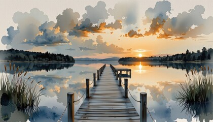 Fototapeta premium Tranquil lakeside retreat, painting of a serene dock on calm lake reflecting the sky