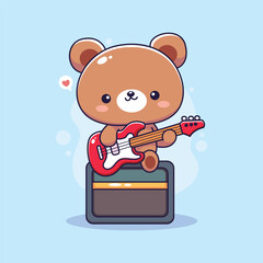 Cute teddy bear playing guitar and singing. Vector illustration.