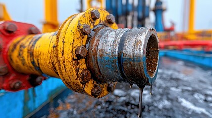 Closeup of Leaking Industrial Pipe Joint with Yellow and Blue Components