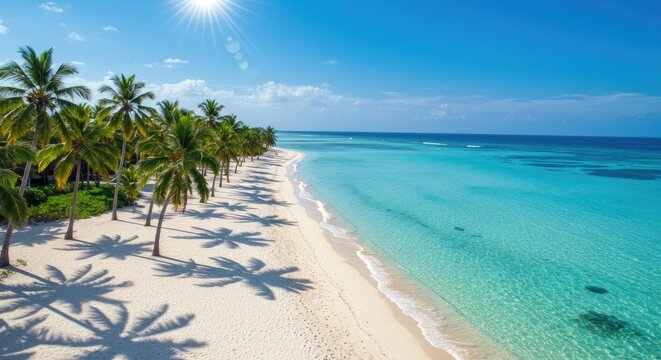 Pristine beach with palm trees under a bright sun - Powered by Adobe