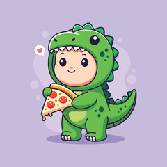 cute cartoon Child in a Dinosaur Costume Eating Pizza