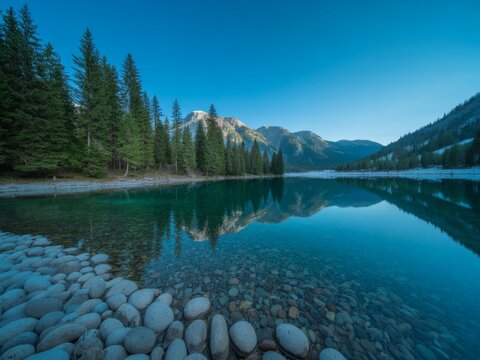 Serene mountain lake crystal clear water reflection