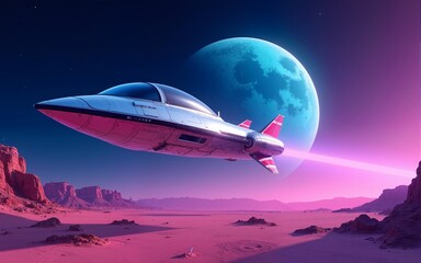 Chrome Spaceship Flying Over a Neon Colored Desert Landscape with Starry Sky Background in a Retro Futuristic Sci-Fi Theme with Blue and Purple Hues. High quality