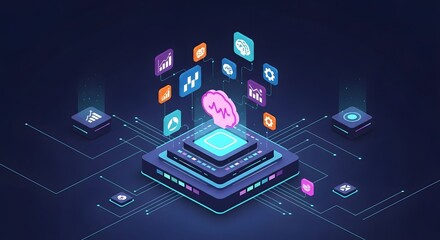 Isometric illustration of a brain on a platform with data icons around it in dark blue