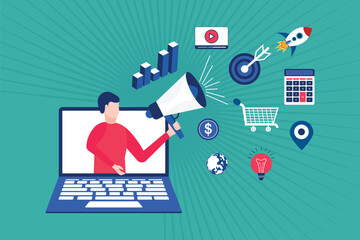 Hand holding megaphone for Digital marketing concept