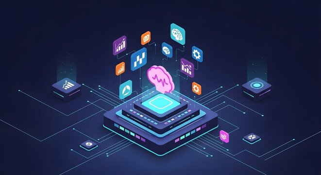 Isometric illustration of a brain on a platform with data icons around it in dark blue - Powered by Adobe