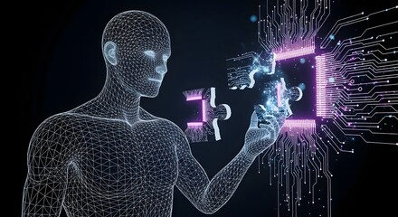 Wireframe human figure connecting puzzle pieces to a glowing circuit board design