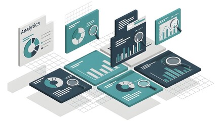 Isometric illustration of analytics dashboards with charts and magnifying glasses