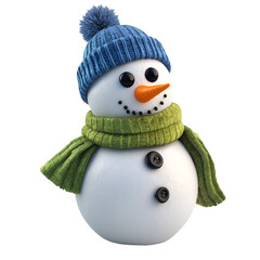 Adorable 3D Render of a Snowman Wearing a Blue Knit Hat and Green Scarf