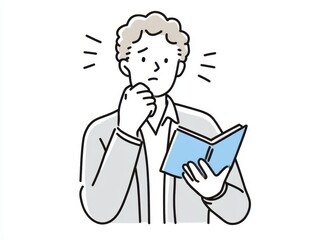 Pensive Reader Holding a Blue Book with Concerned Expression