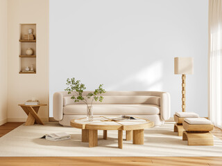 Modern Minimalist Living Room with Cream Sofa and Sculptural Coffee Table – transparent wall cutout – 3D render