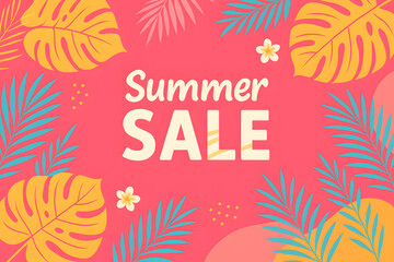 Obraz premium ピンクのトロピカル背景に「Summer SALE」文字のセール告知バナー