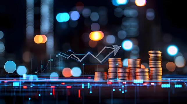 Financial Growth Chart With Stacked Coins In Cityscape Night View
