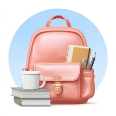 Stylish Pink Backpack With Books And Coffee On A Soft Blue Background