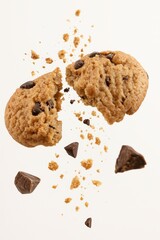 A dynamic close-up of a chocolate chip cookie breaking apart mid-air, with cookie crumbs and dark chocolate chunks flying outward. The cookie is golden brown, soft and slightly chewy