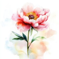 Beautiful Pink Flower With Green Leaves and Soft Watercolor Background