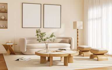 Bright Living Room with Two Vertical Frames and Large Sheer Curtain – Right View