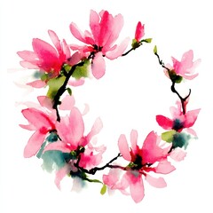 Beautiful Pink Flower Wreath with Green Accents in Watercolor Style