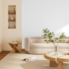 Japandi Living Room Scene with Sofa and Decorative Shelves  – transparent wall cutout – 3D render