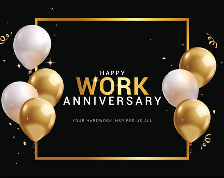Happy work anniversary elegant clipart template. Company greeting text with gold and white balloons elements for hard work party celebration elegant background vector illustration. 
