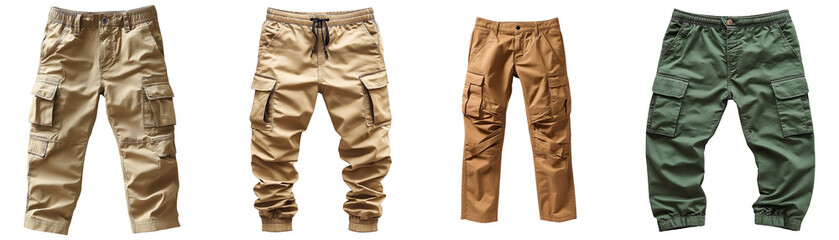 A collection of men's cargo pants with a plain design isolated on a transparent background