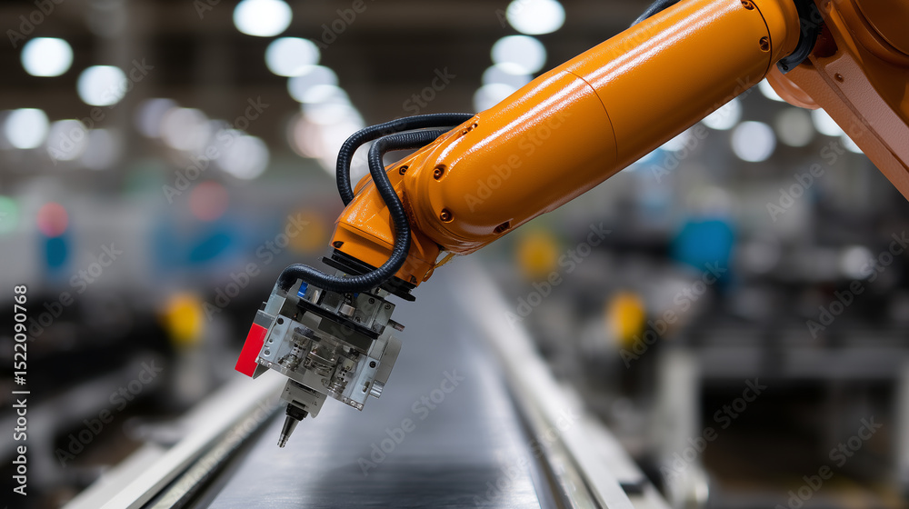 Poster robotic arm automation factory assembly technology closeup industrial orange efficient focus