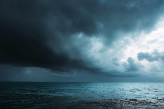 Stormy sky with dark clouds rolling over ocean, dramatic atmosphere, moody seascape, nature power