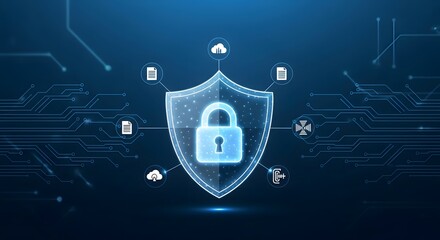 Glowing padlock inside a shield surrounded by icons on a digital blue background