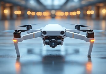 White drone mockup with camera on blurred floor in modern ambient light

