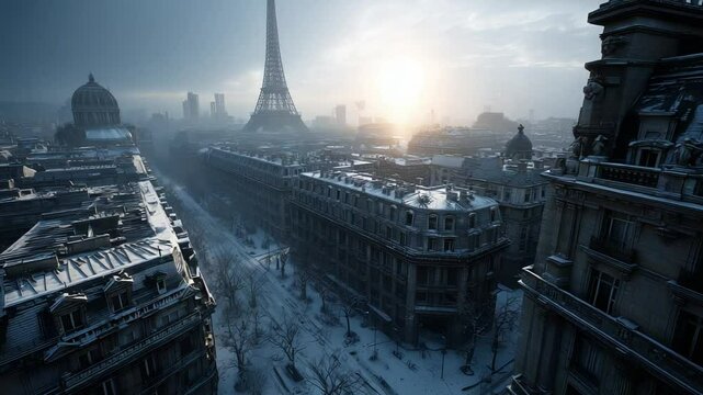 Winter Sunrise in Paris, featuring the Eiffel Tower and soft snowflakes