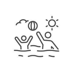 Beach summer play icon. thin line vector illustration of kids playing ball in water, editable stroke