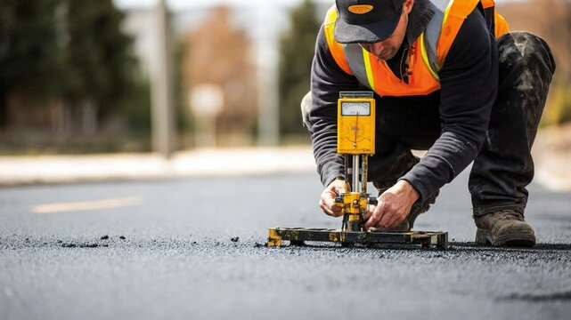 Road Construction Measurement: An construction worker wearing safety vest intently assesses fresh asphalt pavement using calibrated measurement tool, embodying expertise and dedication to the task.