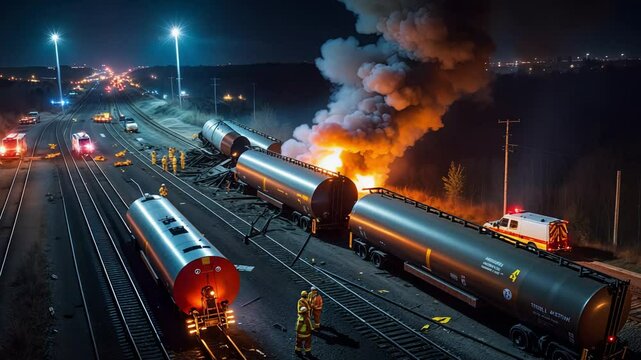 Dramatic Nighttime Train Derailment with Fire and Emergency Response
