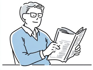 Man in Blue Sweater Reading a Book with Focused Expression