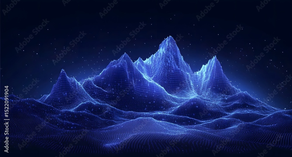 Poster abstract digital blue background with dots and lines in the form of an illuminated mountain landscap