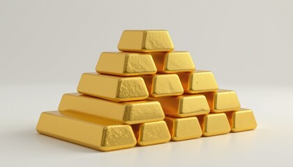 gold bar blocks arranged in an orderly pyramid stack, crisp white backdrop, 4k.