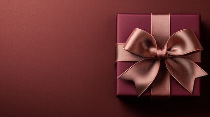 Elegant burgundy gift box wrapped in a rose gold satin ribbon with a stylish bow, set against a deep-toned background. 
